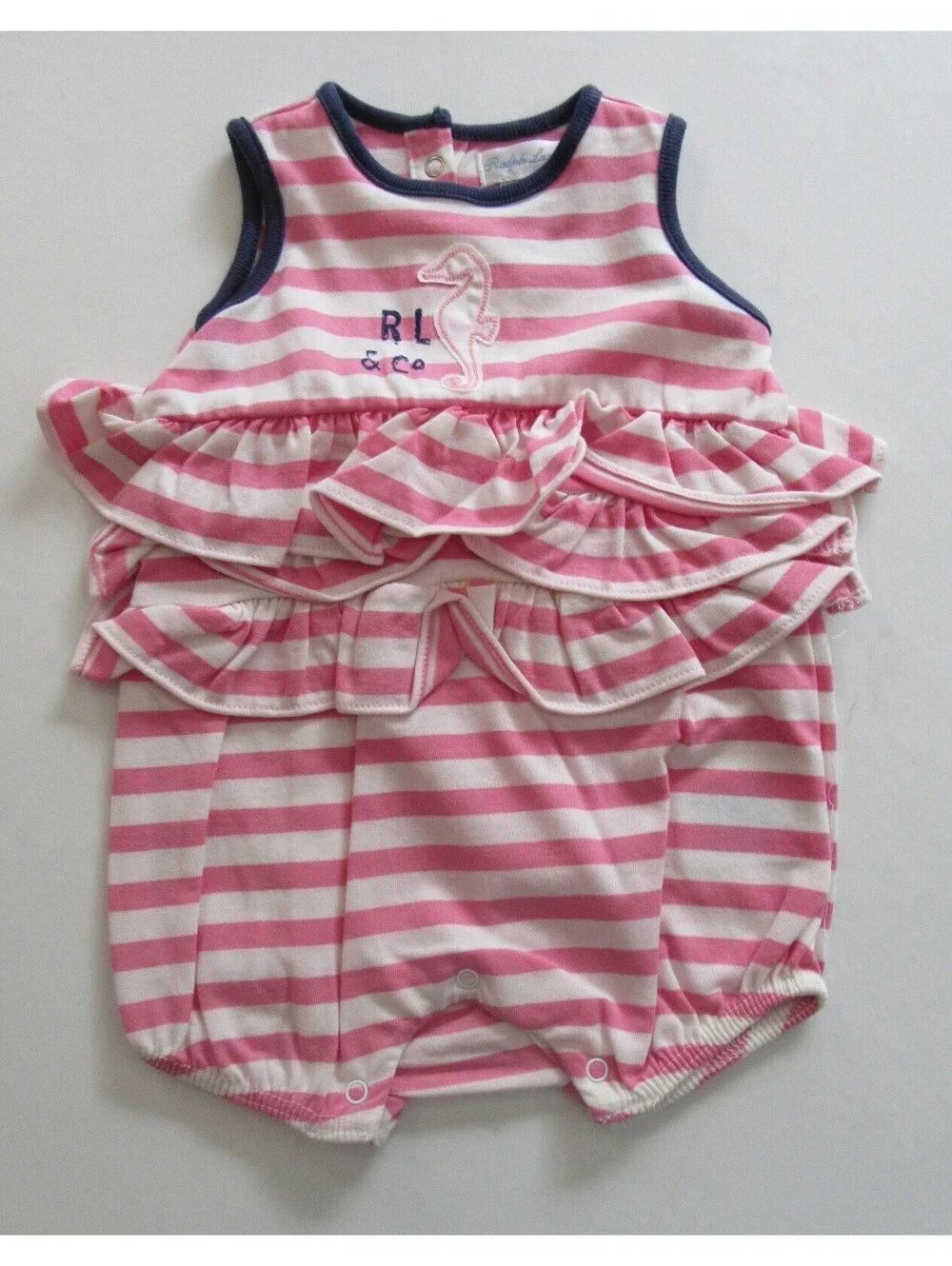 Ralph Lauren Baby Girls Shortall One Piece Seahorse Romper Pink Striped 3 Months